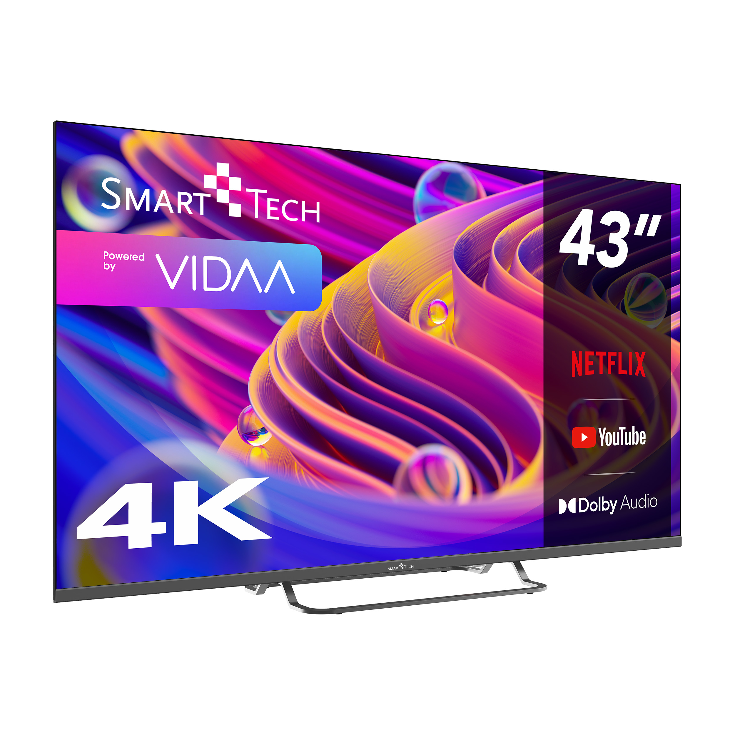 Un televisor Smart Tech de 43 pulgadas con un diseño abstracto y colorido en la pantalla.