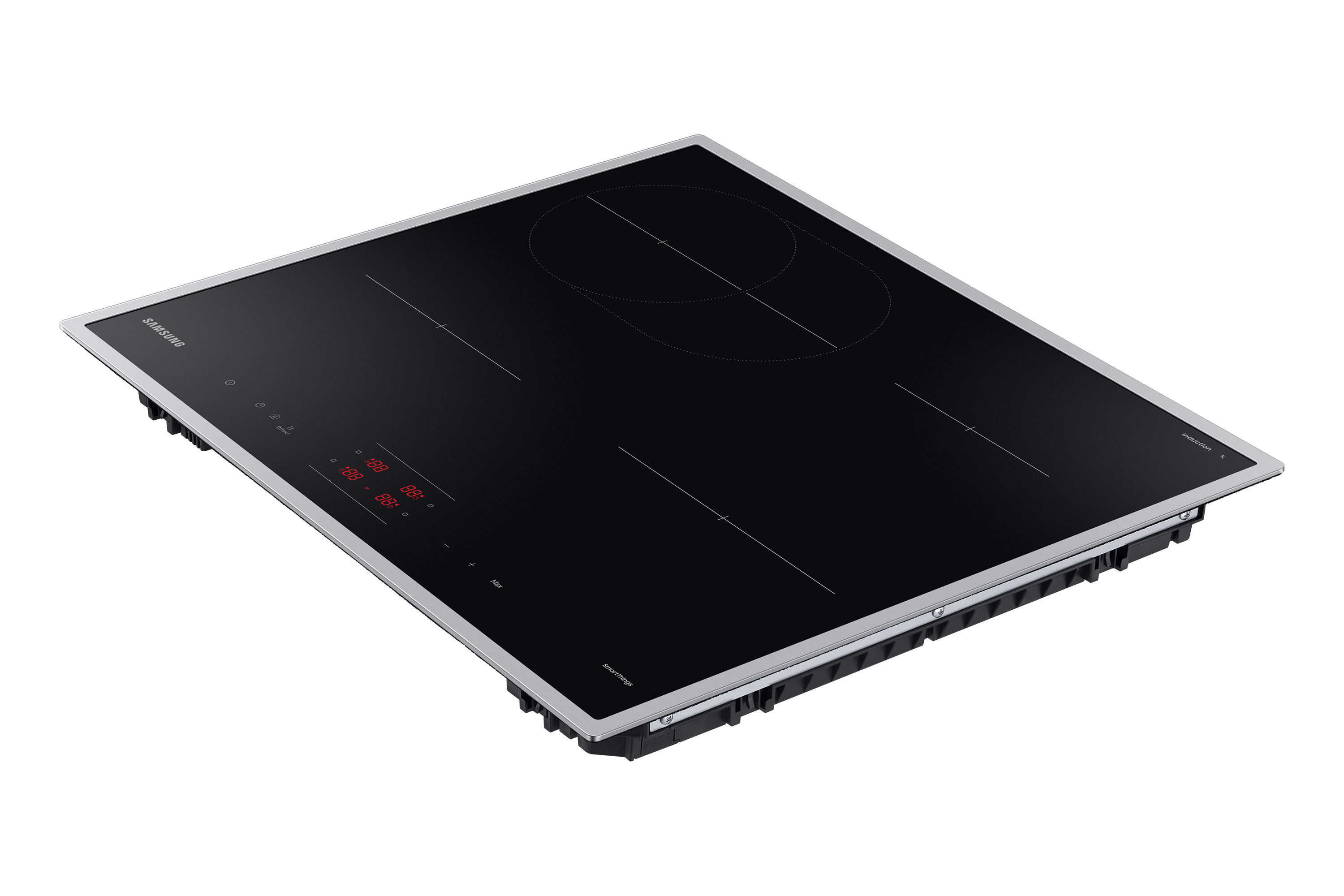 Ein schwarzes Samsung Induktionskochfeld mit vier Kochfeldern und silberner Blende.