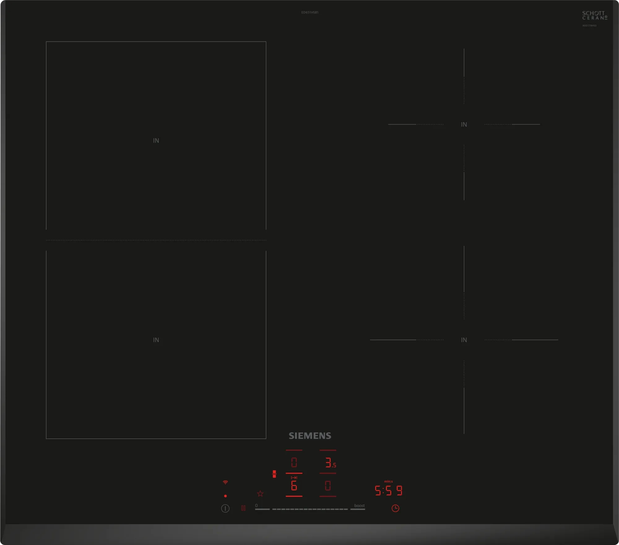Piano cottura a induzione nero con quattro fuochi. Logo Siemens e display digitale visibili.