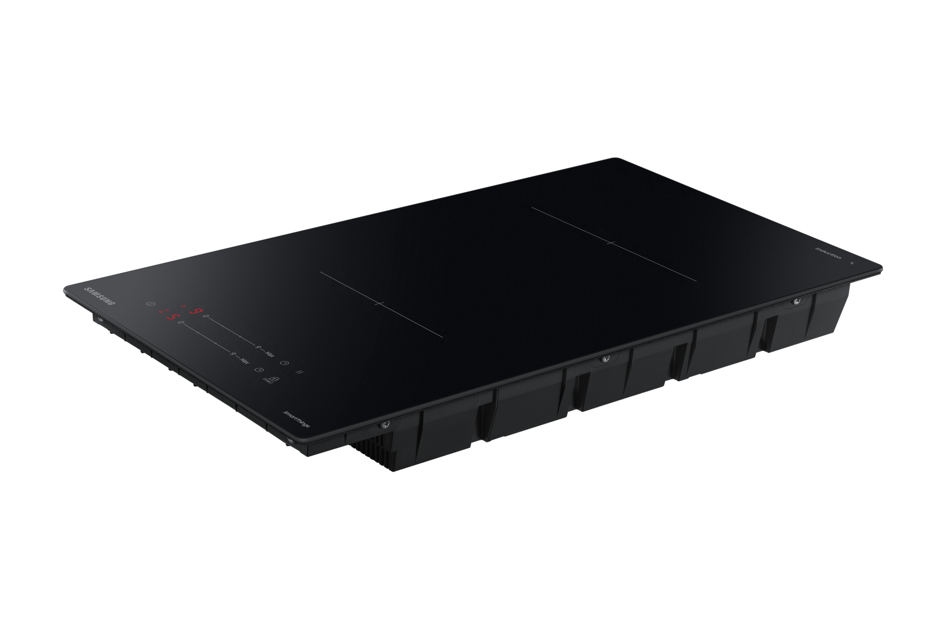 Czarna płyta indukcyjna, widok z boku. Dwa pola grzewcze, czarna rama, białe tło.