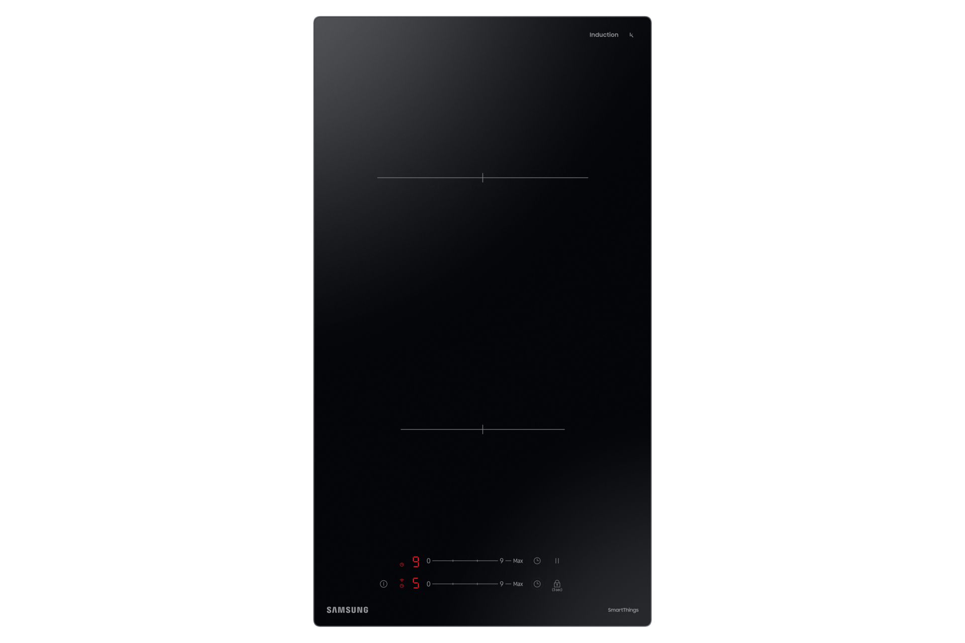 Czarna płyta indukcyjna z dwoma strefami gotowania. Wyświetlacz pokazuje 9 i 5.
