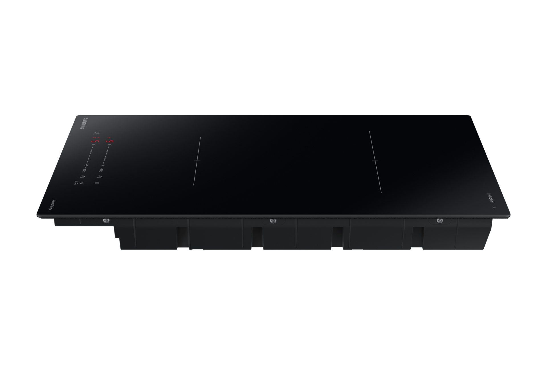 Czarna płyta indukcyjna z czerwonymi lampkami kontrolnymi.