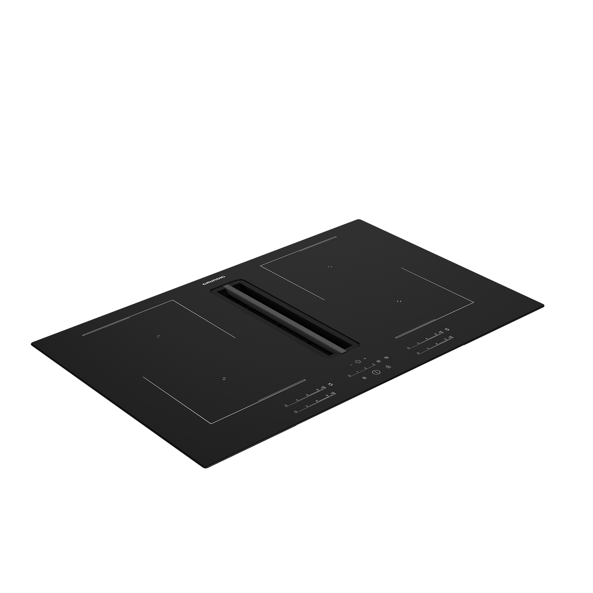 Piano cottura a induzione nero. Forma rettangolare con cappa integrata. Sfondo bianco.