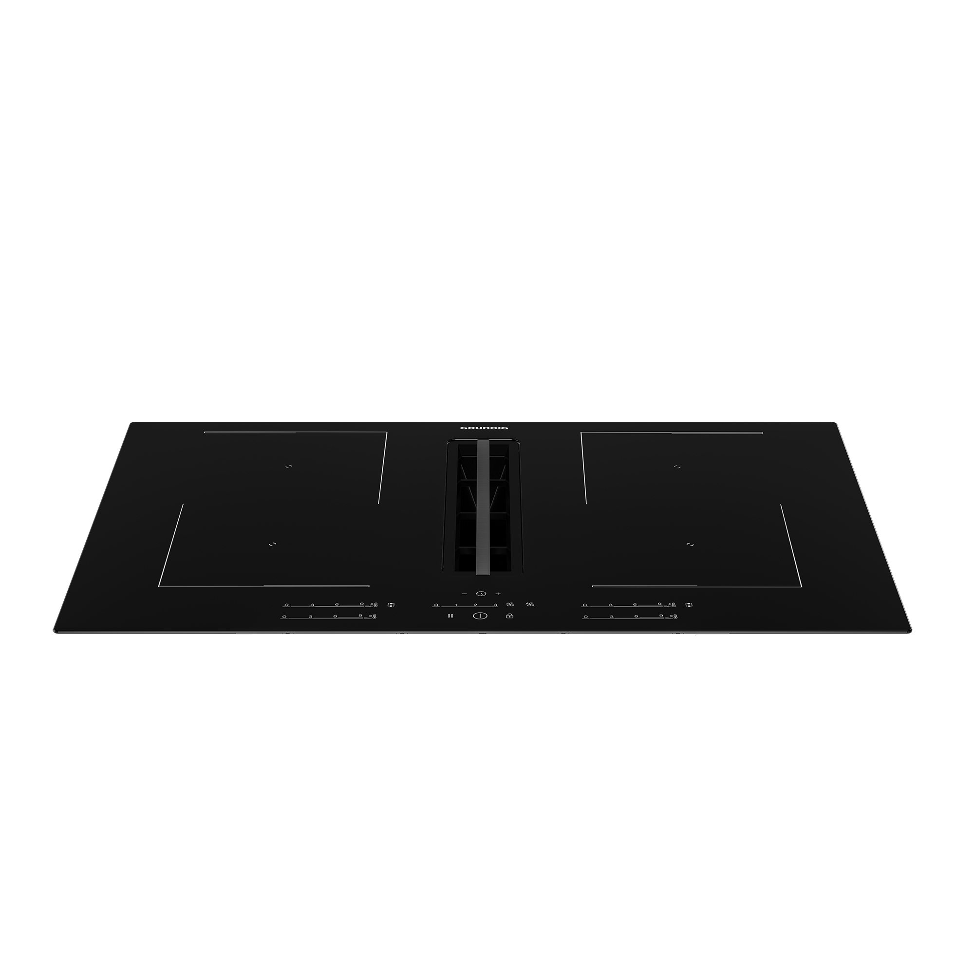 Piano cottura a induzione nero con due fuochi e una ventola centrale. Sfondo bianco.