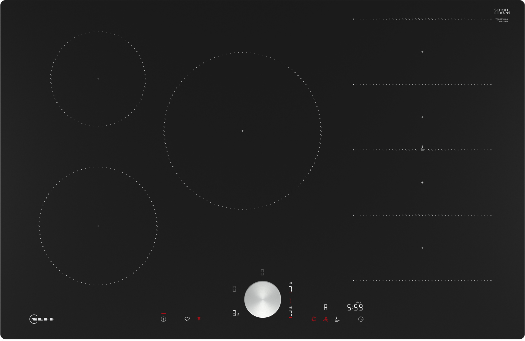 Czarna płyta indukcyjna z trzema strefami gotowania i sterowaniem dotykowym. Czarna powierzchnia.