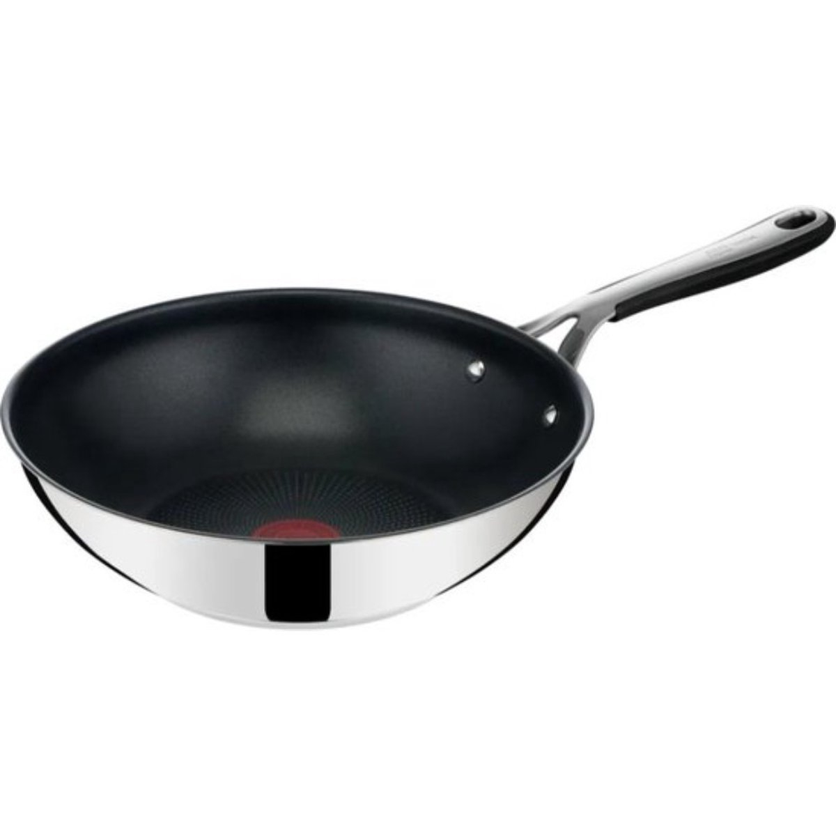 Black wok pan with a silver handle. Red dot in the center. White background.