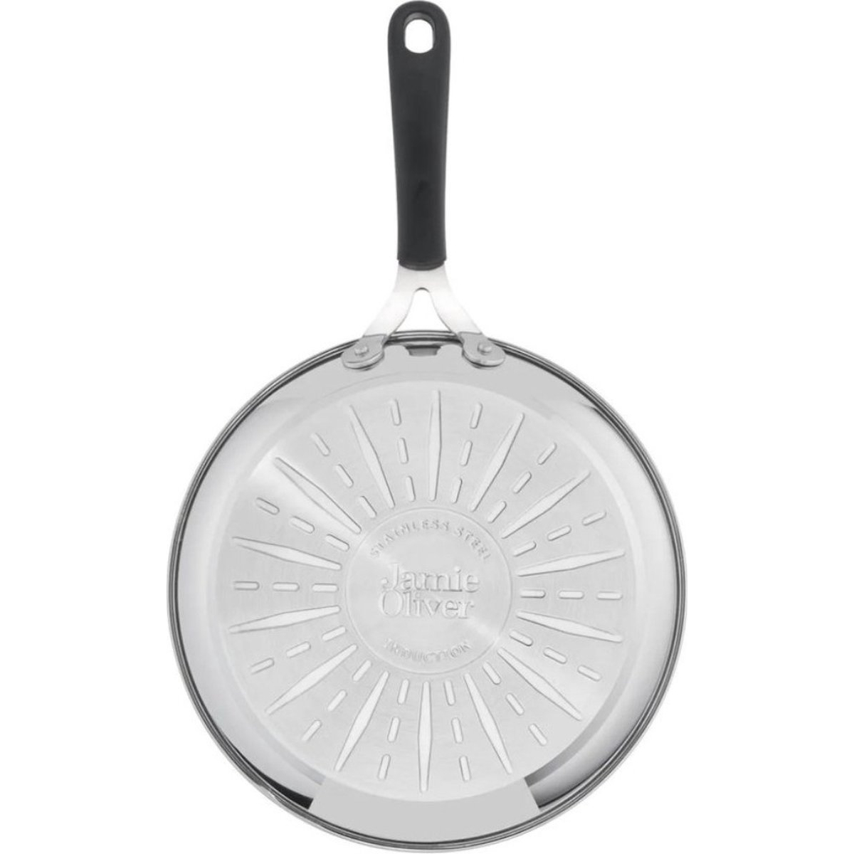 Poêle en acier inoxydable, manche noir, dessous avec logo Jamie Oliver.