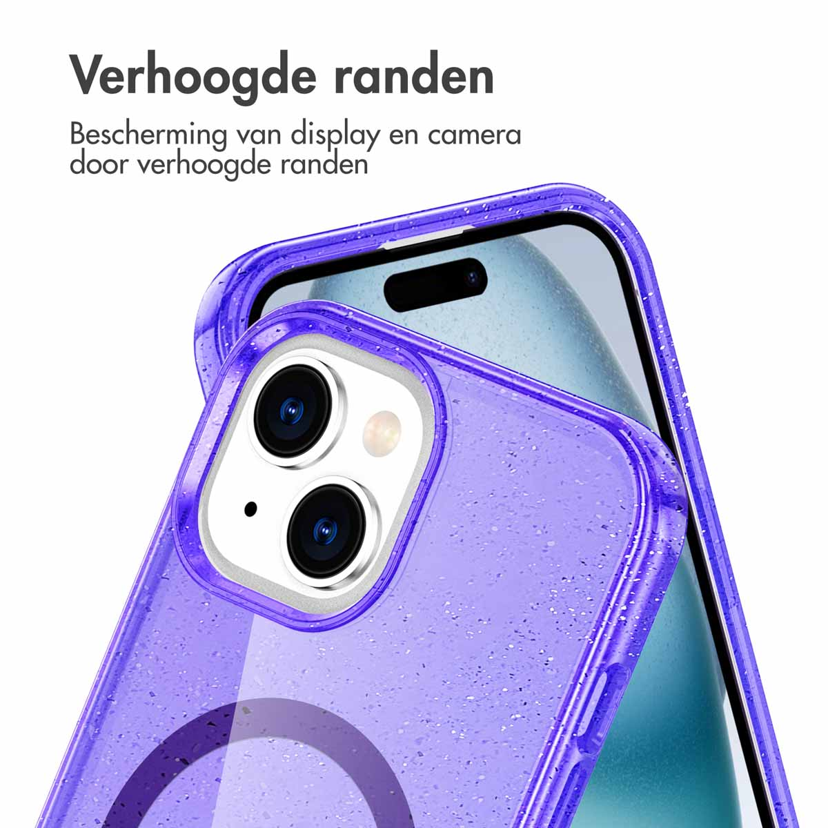 A close-up of a purple phone case with a speckled design, protecting a phone. The case has raised edges. A phone screen is visible in the background.