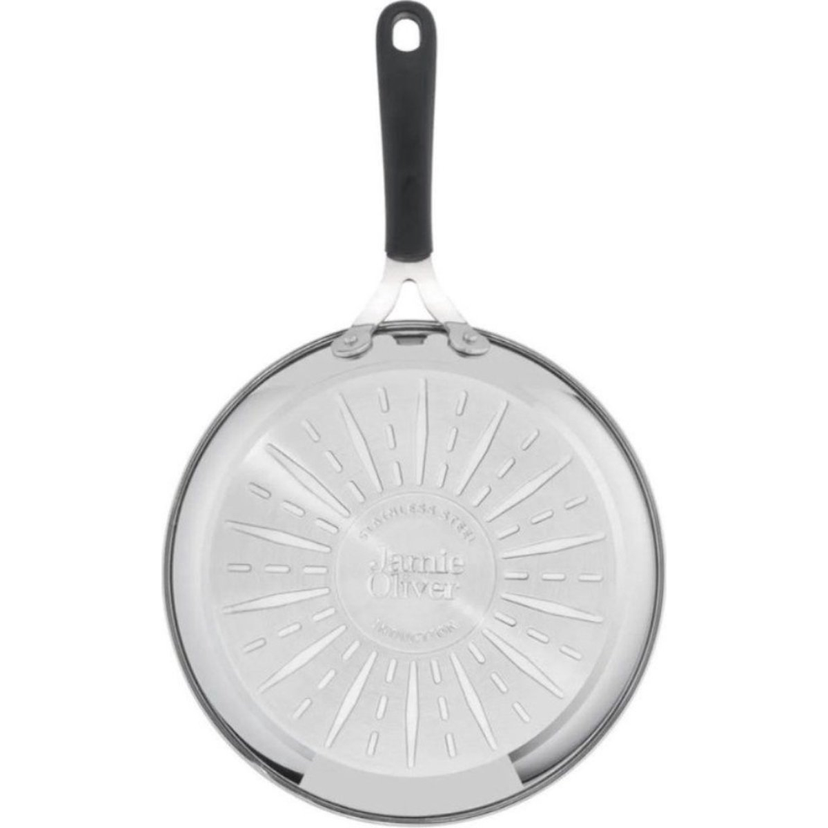 Poêle en acier inoxydable avec manche noir. L'intérieur porte le logo 'Jamie Oliver'.