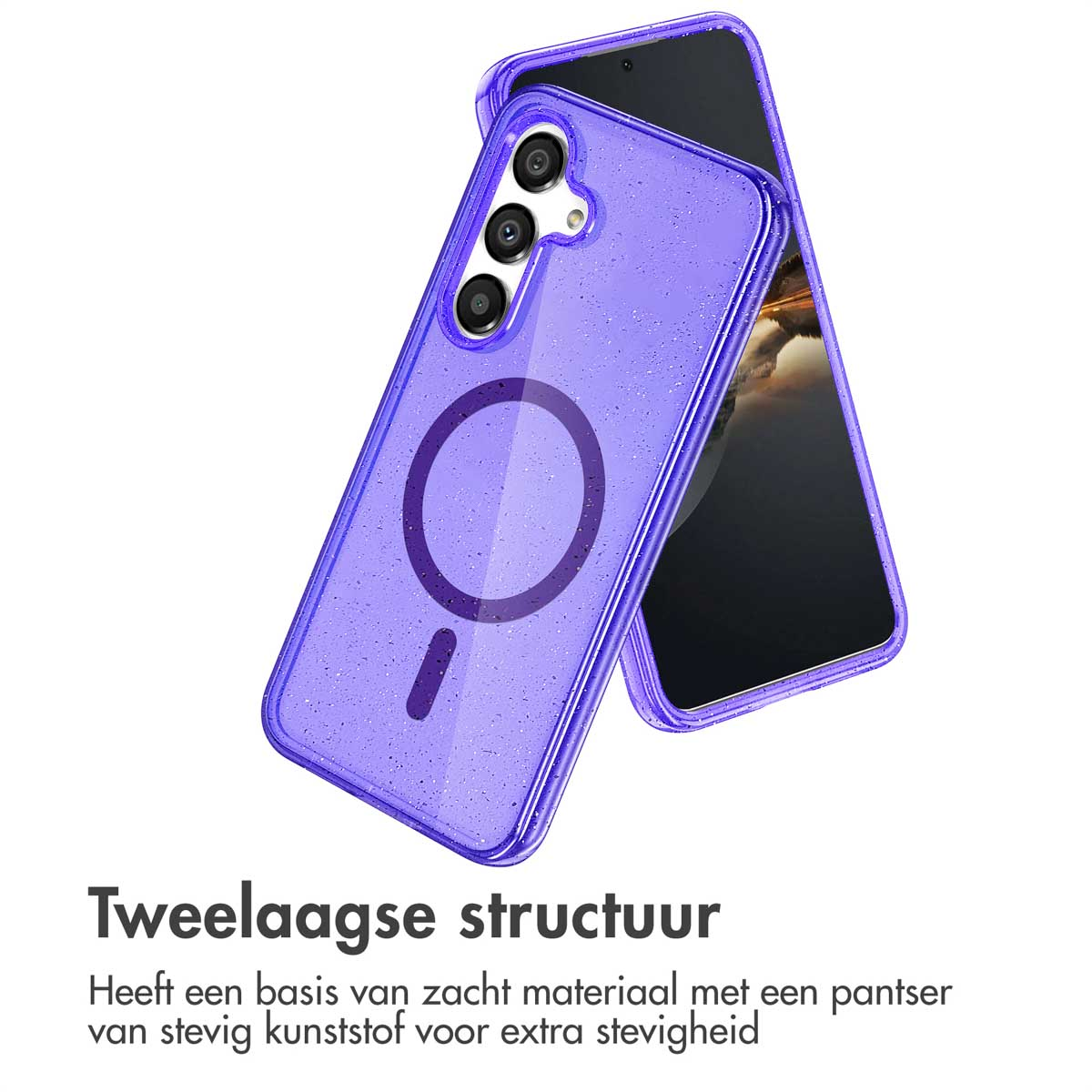 Paarse telefoonhoes met telefoon. Hoes heeft glittertextuur en een magnetische cirkel.