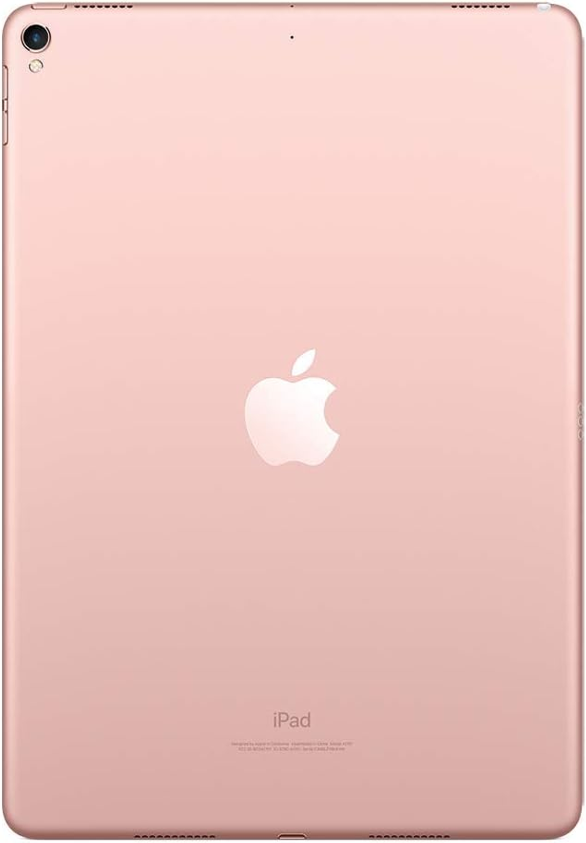 Rückansicht eines roségoldenen iPads mit Apple-Logo, auf weißem Grund.
