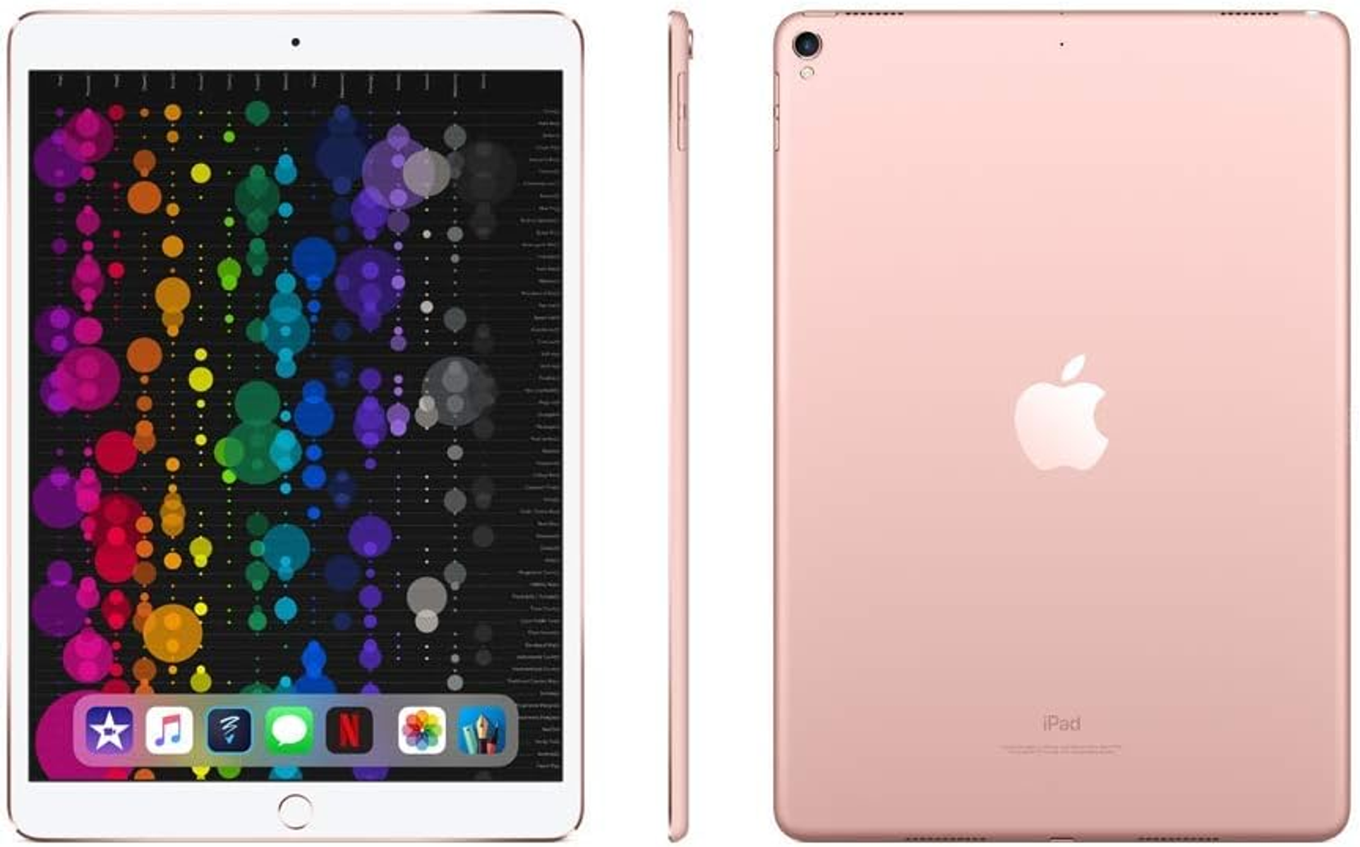Roségoldenes iPad mit Apps auf dem Bildschirm, Vorder-, Seiten- und Rückansicht.