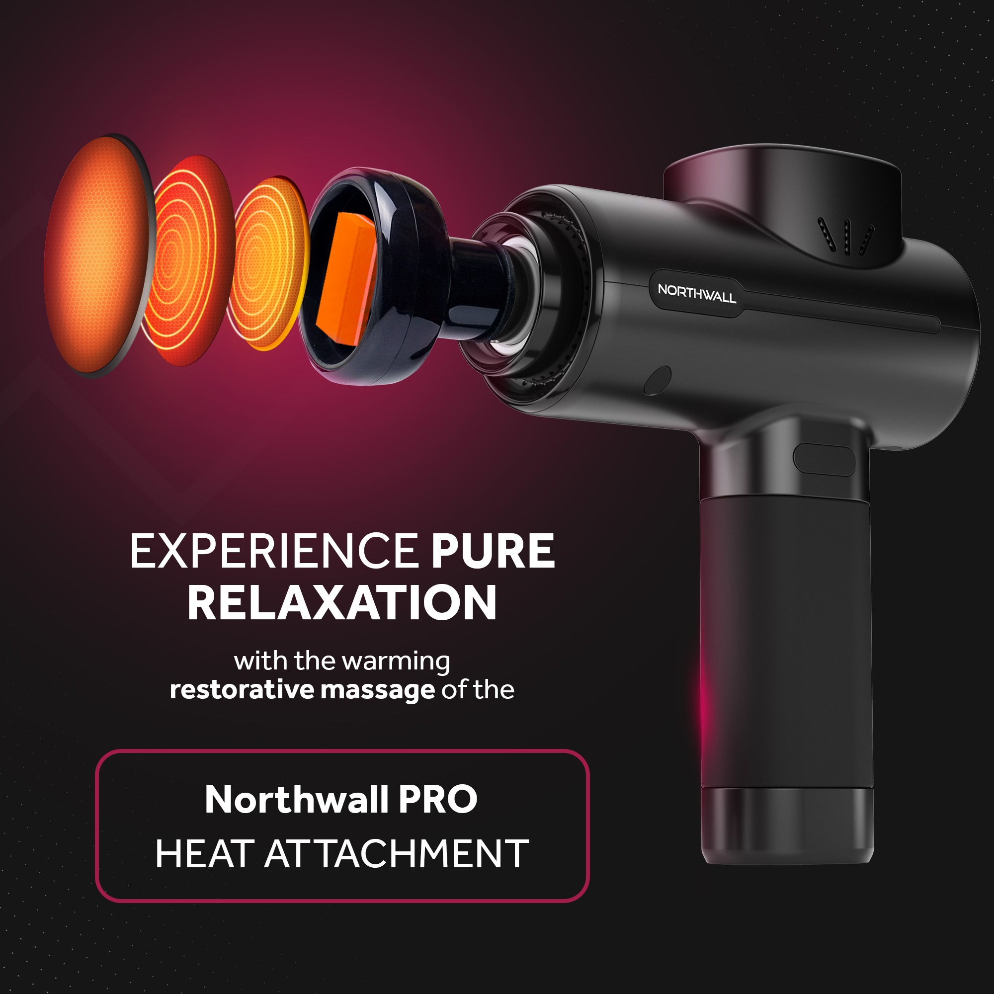 A black massage gun with heat attachment. Shows the heat attachment. Text says 'Relaxation'.