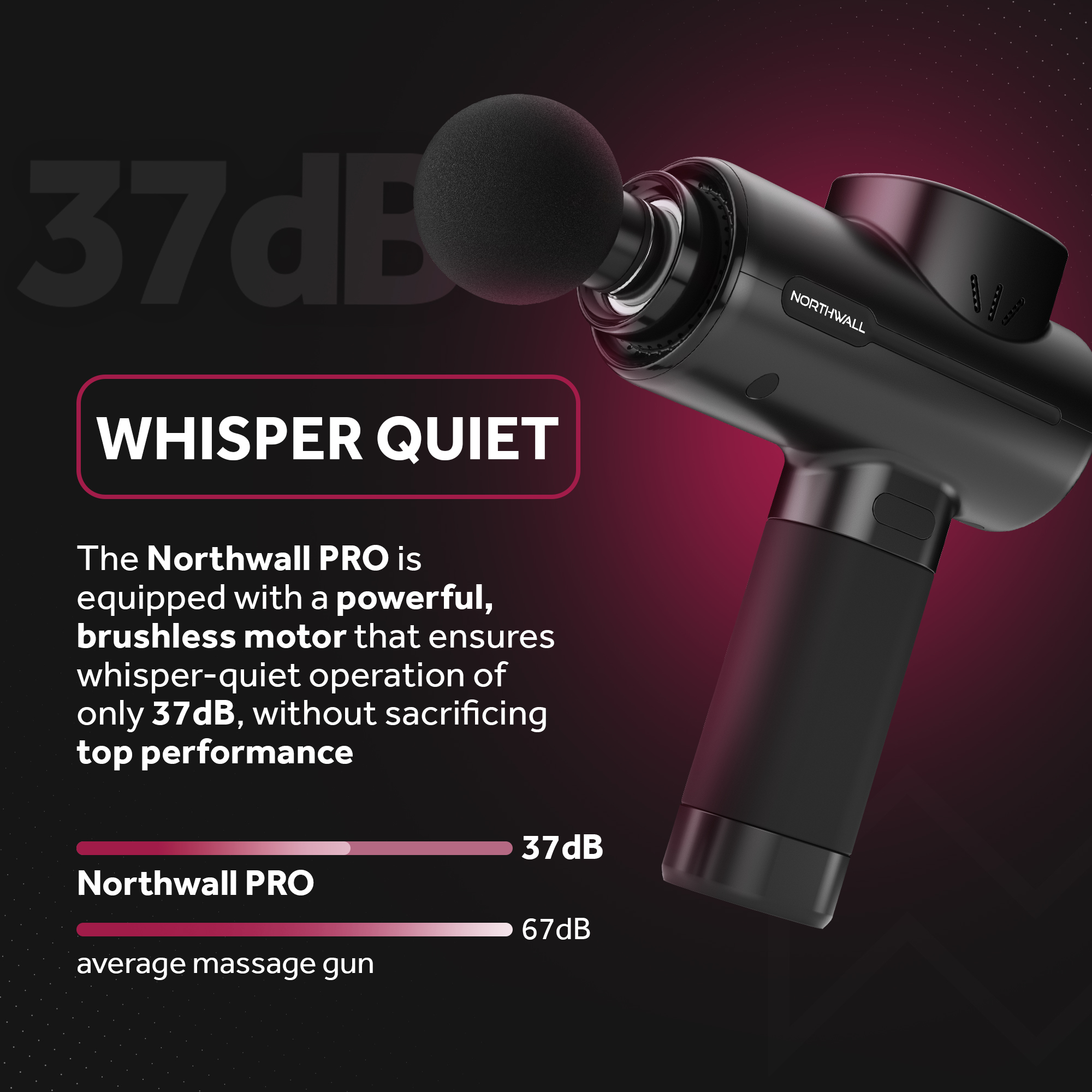 Schwarze Massagepistole mit Text: Flüsterleise, 37dB.
