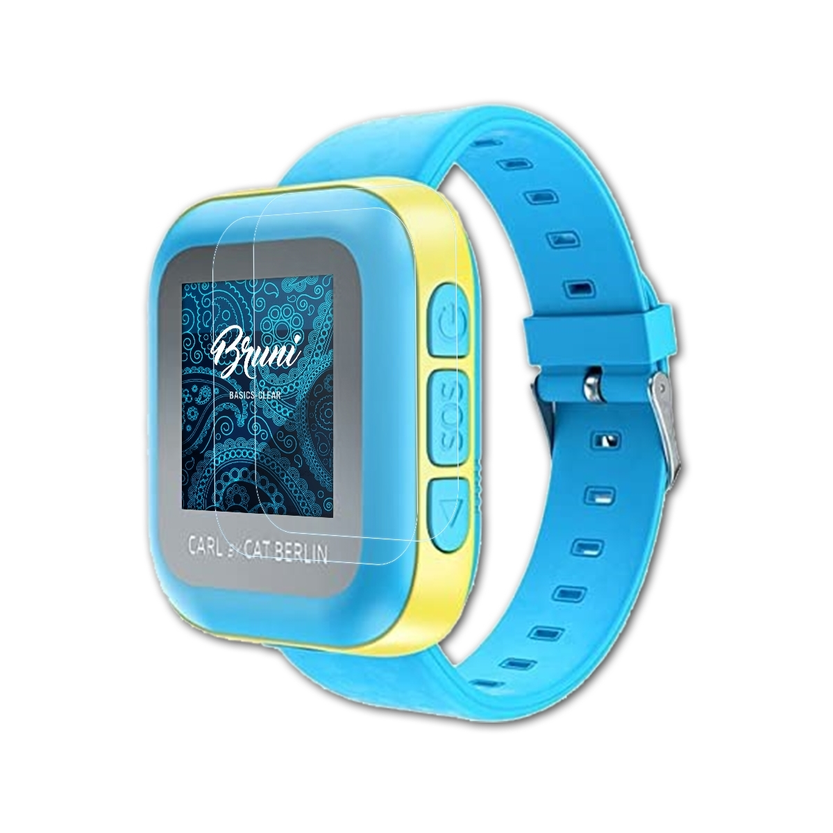 Eine blau-gelbe Smartwatch mit einem Bild auf dem Bildschirm und einem blauen Armband.