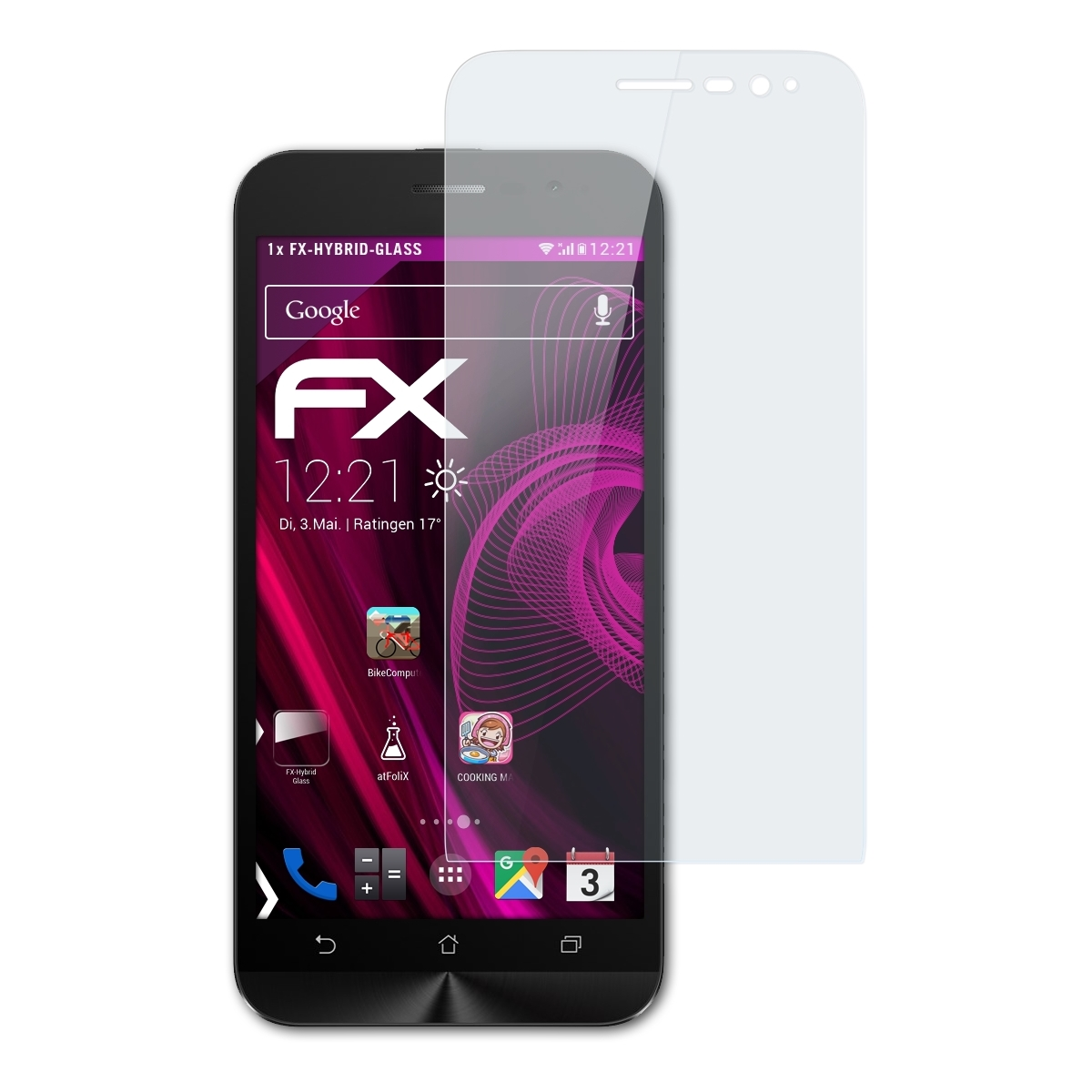 Smartphone mit Displayschutzfolie. Das Telefon zeigt eine Oberfläche mit Symbolen. Weißer Hintergrund.