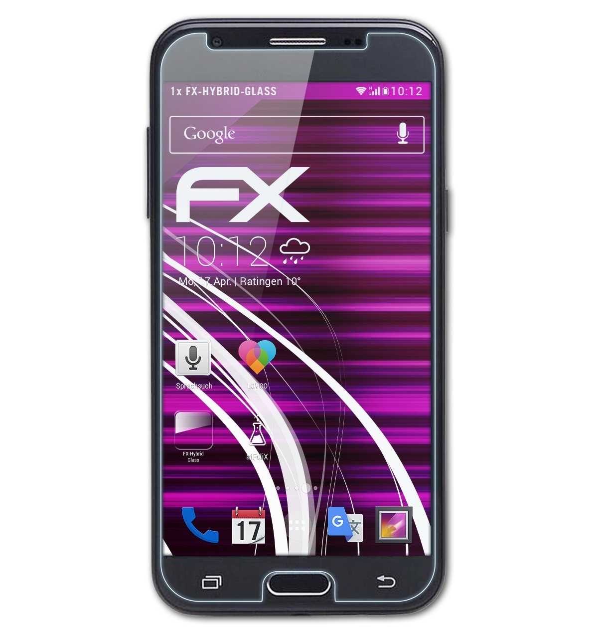 Ein Smartphone mit Schutzfolie, das eine bunte Oberfläche zeigt. Das Telefon ist schwarz.