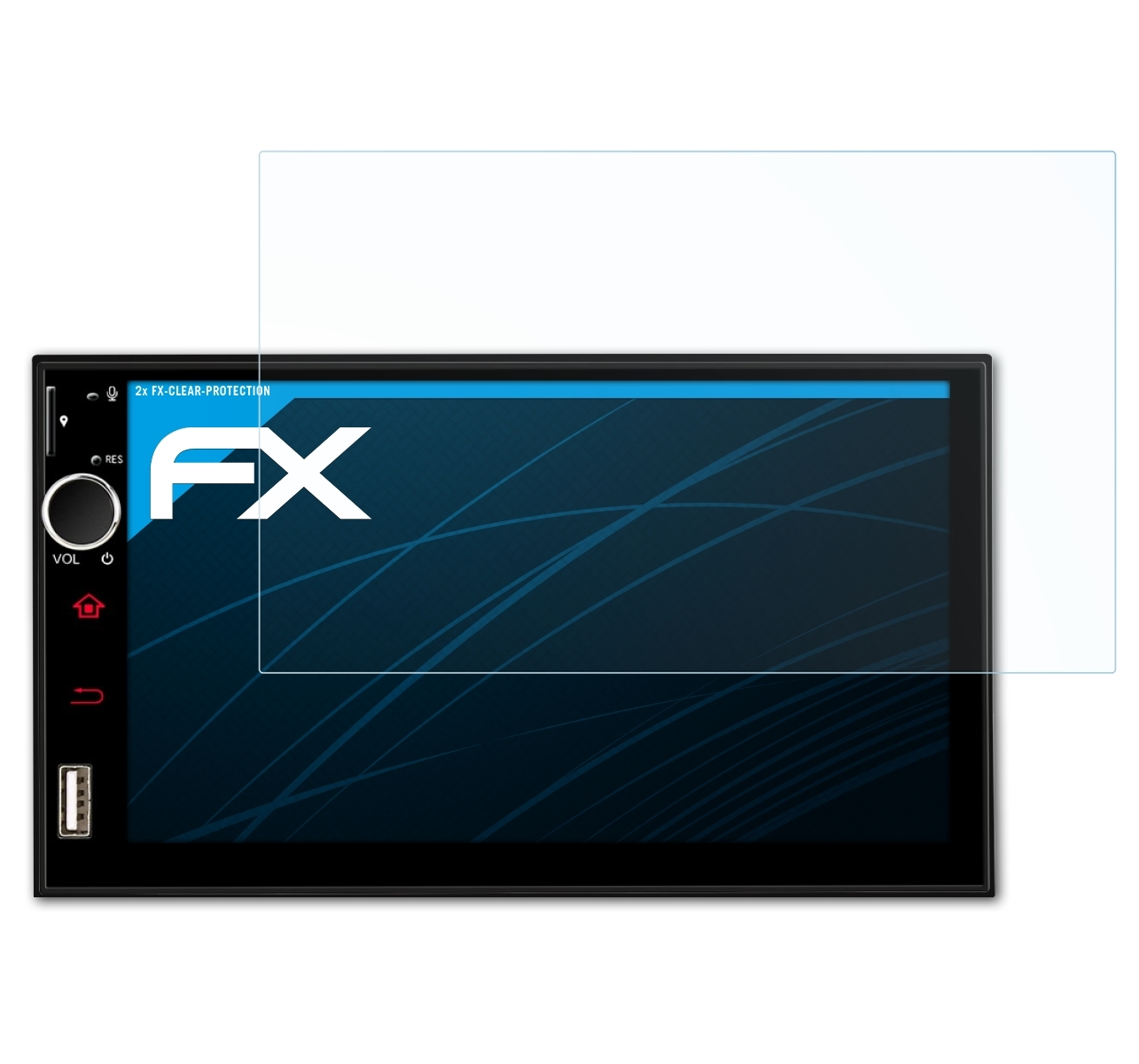 Autoradio-Bildschirm mit Displayschutzfolie. Der Schutz ist oben. Die Marke FX ist auf dem Bildschirm.