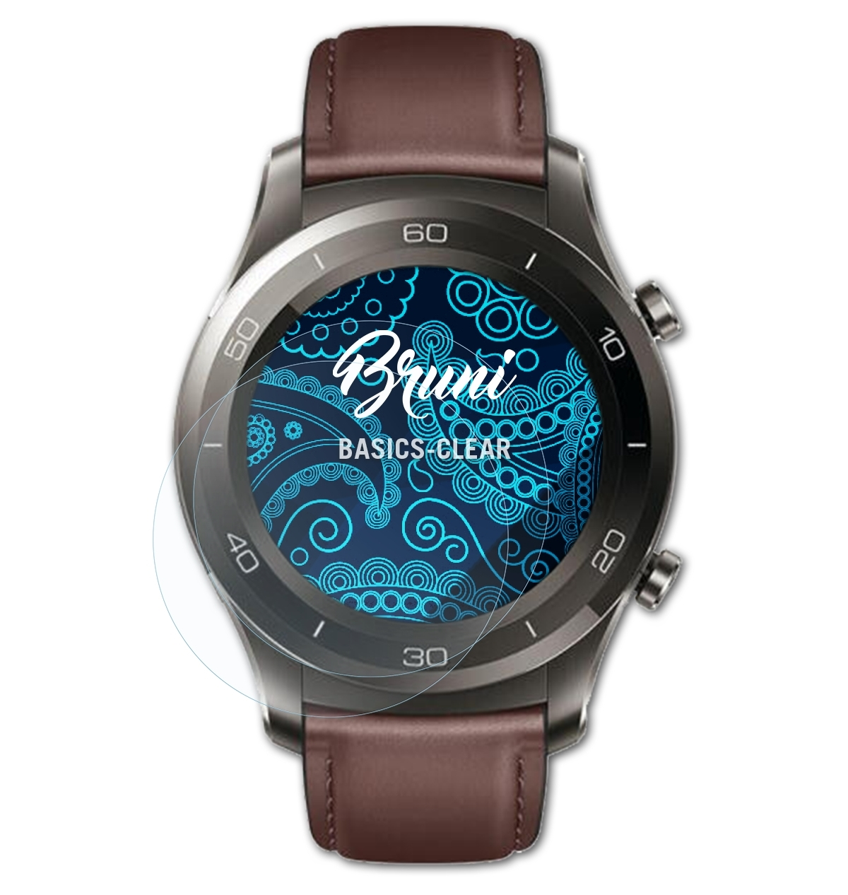 Smartwatch mit angebrachter Displayschutzfolie, zeigt blauen Hintergrund.