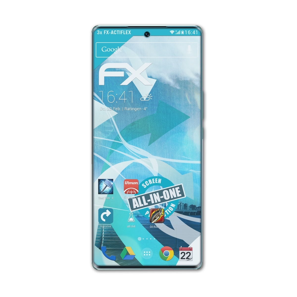 Smartphone-Bildschirm mit FX-Logo, Uhrzeit und App-Symbolen. Eine Displayschutzfolie ist angebracht.
