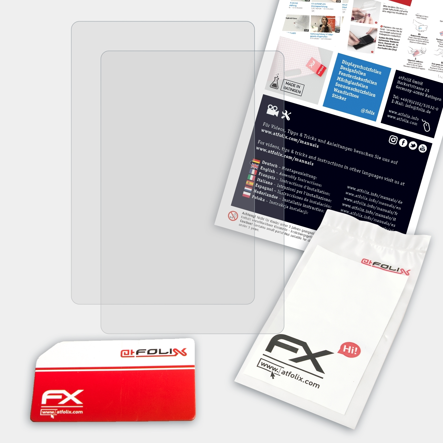 Displayschutzfolien-Set mit Zubehör. Enthält eine Karte, einen Aufkleber und eine Verpackung mit Anweisungen.