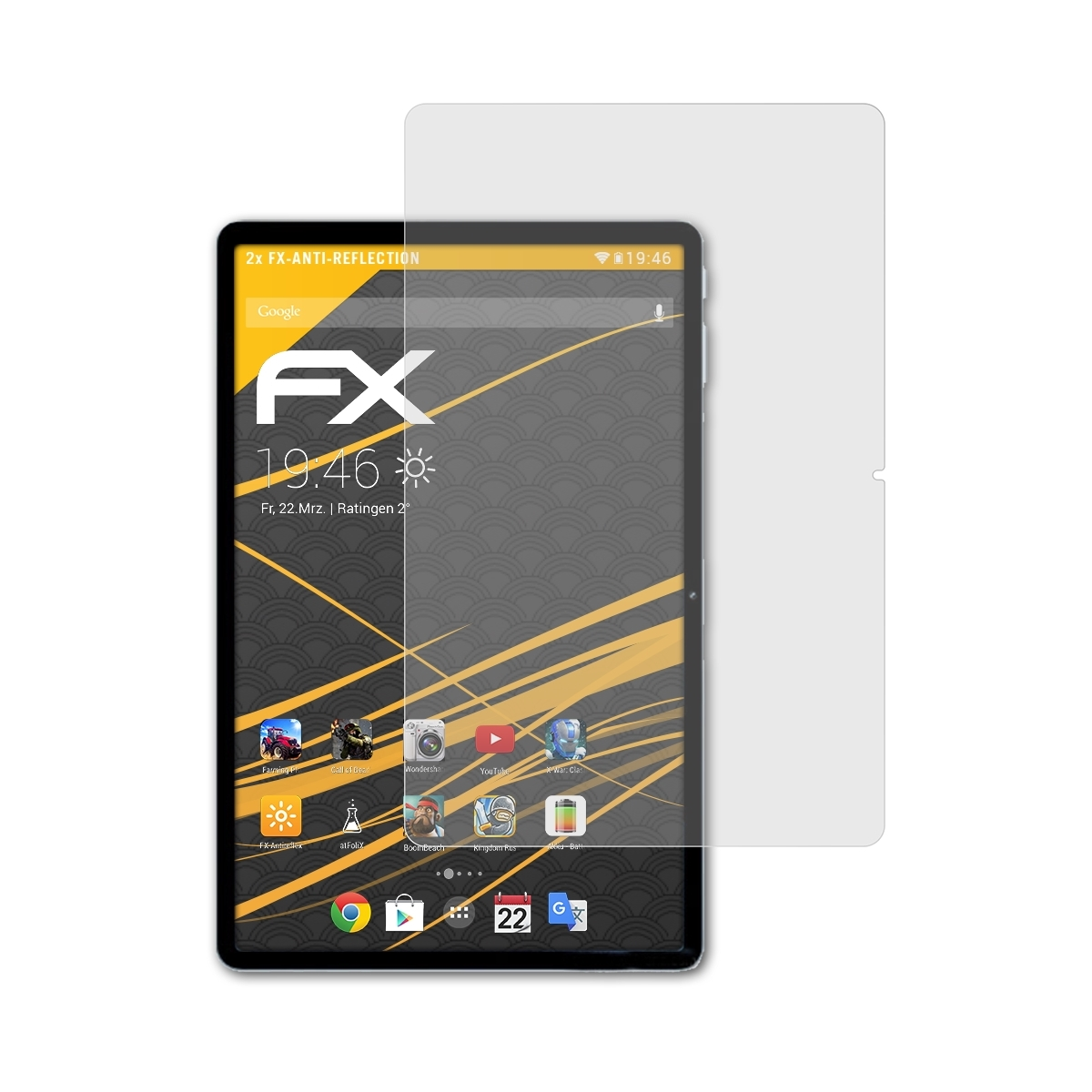 Tablet mit Displayschutzfolie. Tablet links mit Uhrzeit und Apps. Schutzfolie rechts.