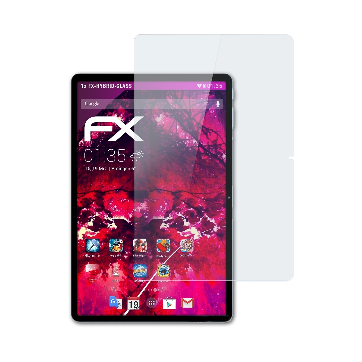 Tablet mit Displayschutz, zeigt rosa und lila Hintergrund mit App-Symbolen.