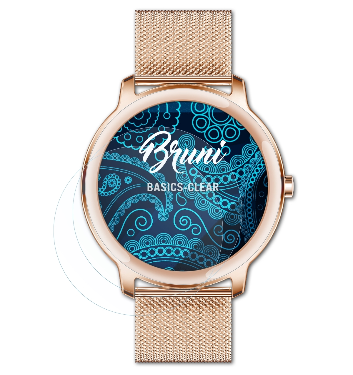 Eine roségoldene Smartwatch mit Displayschutz zeigt ein blaues Paisley-Design mit dem Wort 'Bruni'.