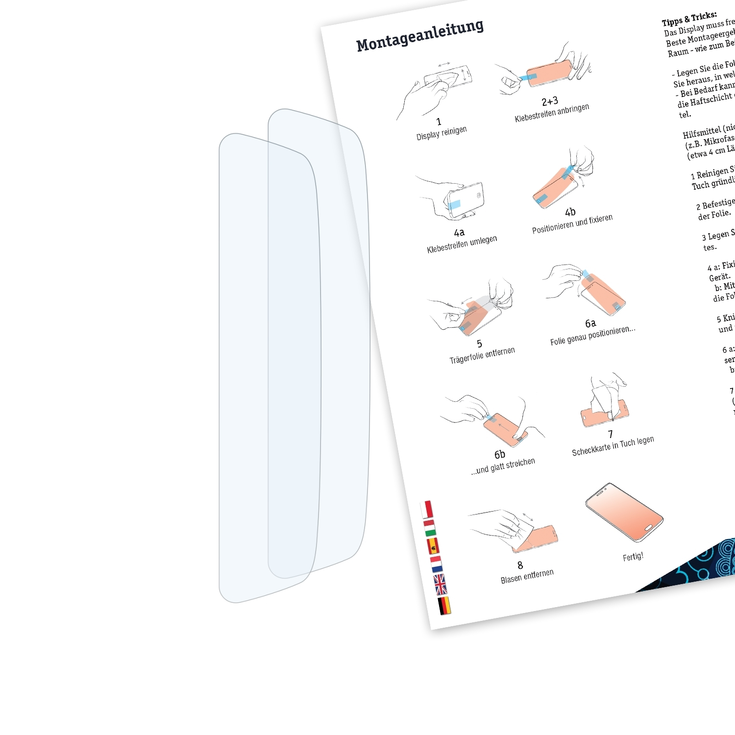 Anleitung mit Displayschutzfolien und Smartphone-Bild auf weißem Hintergrund, mit Installationsdiagrammen.