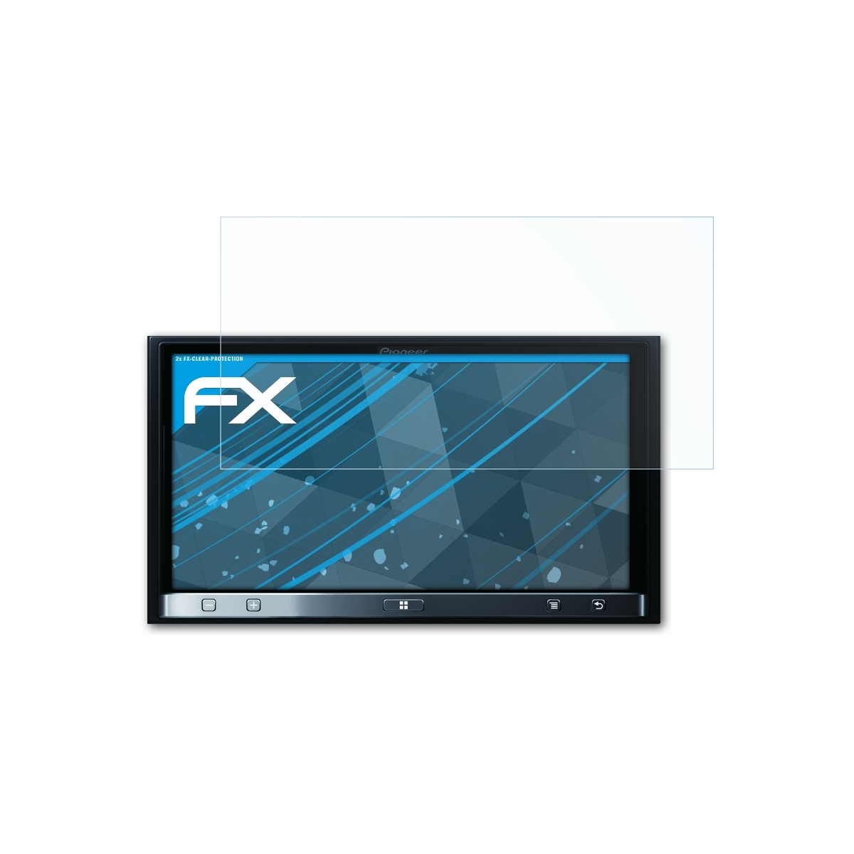 Displayschutzfolie auf Bildschirm im Auto. Bildschirm zeigt FX Logo. Hintergrund: Armaturenbrett.