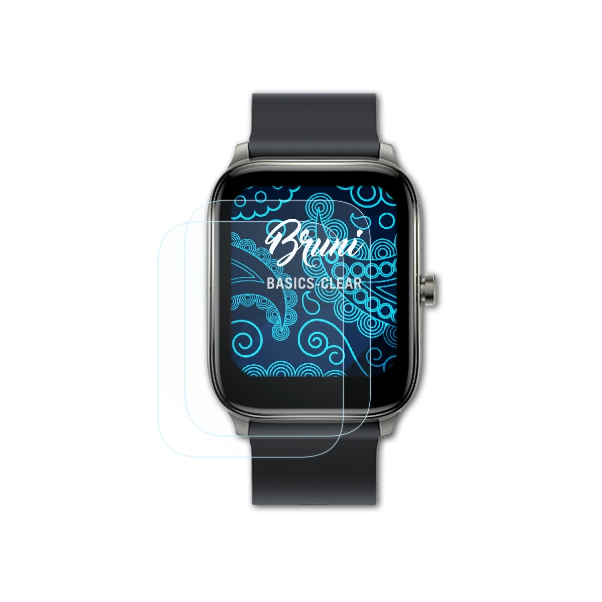 Smartwatch mit Schutzfolie, Bruni Basics clear auf dem Bildschirm, blauer Hintergrund.