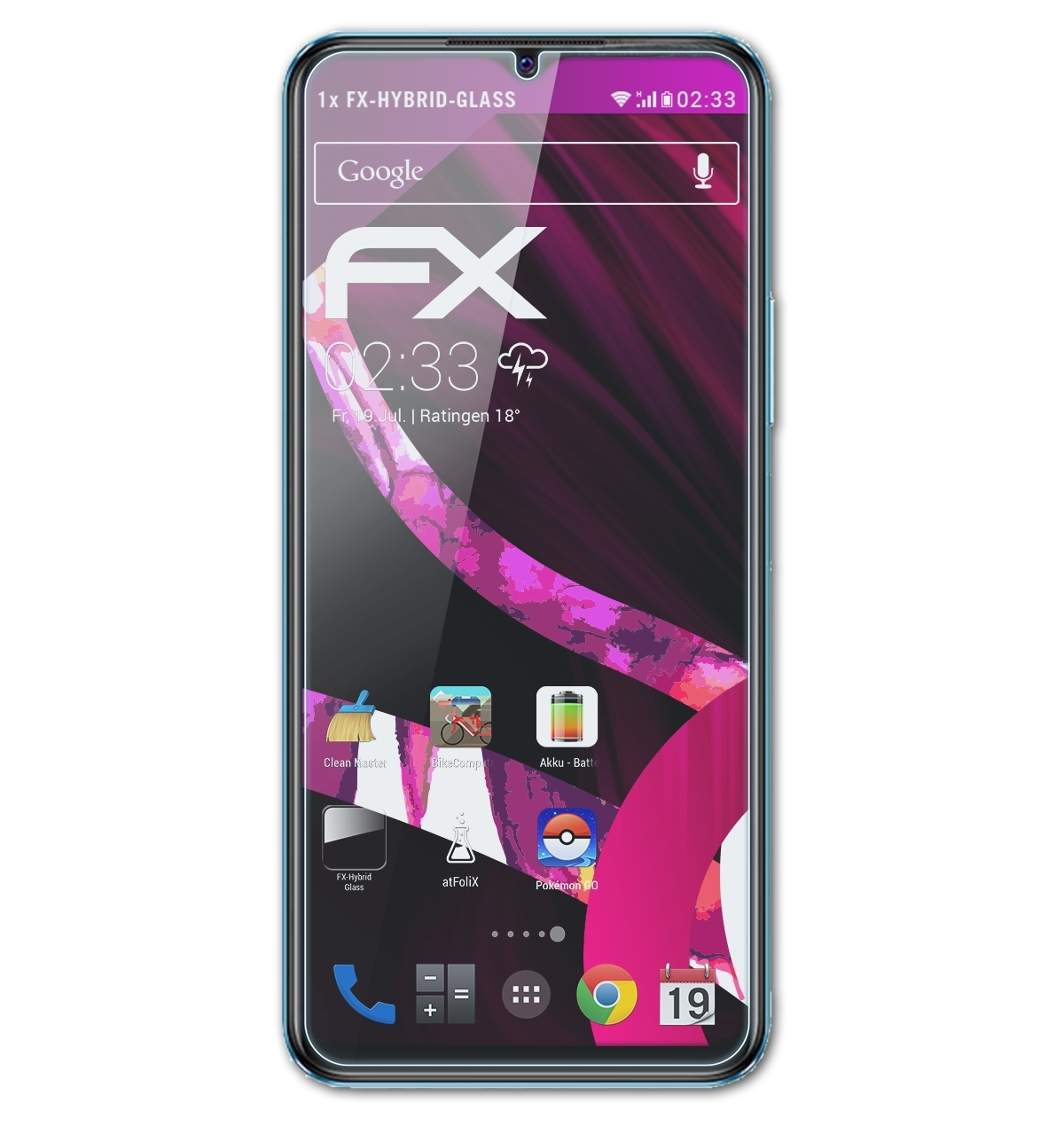 Smartphone mit Displayschutzfolie zeigt farbenfrohe Oberfläche auf weißem Grund.