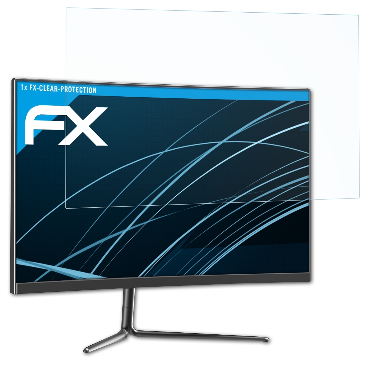 Ein Computermonitor mit angebrachtem, klarem Displayschutz, der das FX-Logo zeigt.