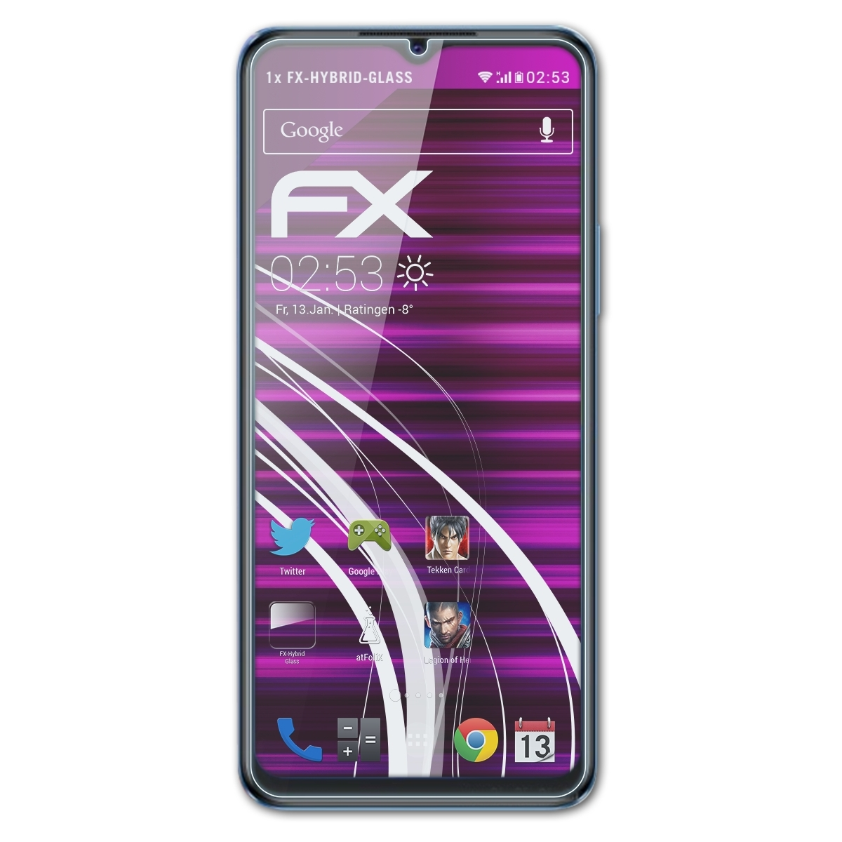 Ein Smartphone mit Displayschutz, der einen lila Bildschirm mit Symbolen zeigt. Isoliert auf Weiß.