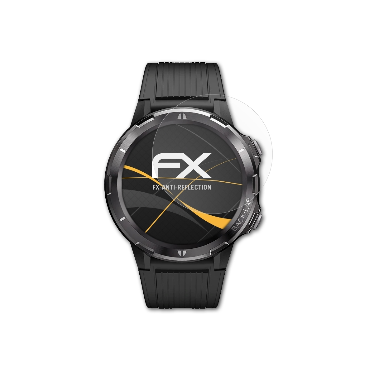 Eine schwarze Smartwatch mit Displayschutz. Die Uhr zeigt ein Logo und hat ein schwarzes Band.