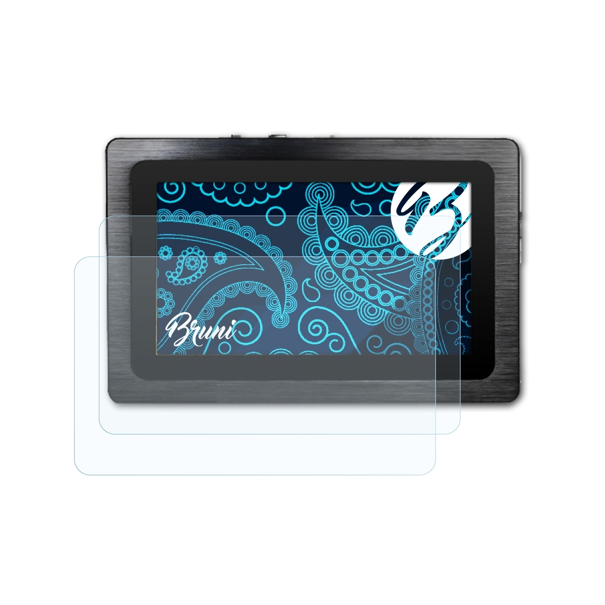 Ein schwarzes Tablet mit Displayschutzfolie. Der Bildschirm zeigt ein blaues Paisley-Design und das Wort 'Bruni'.