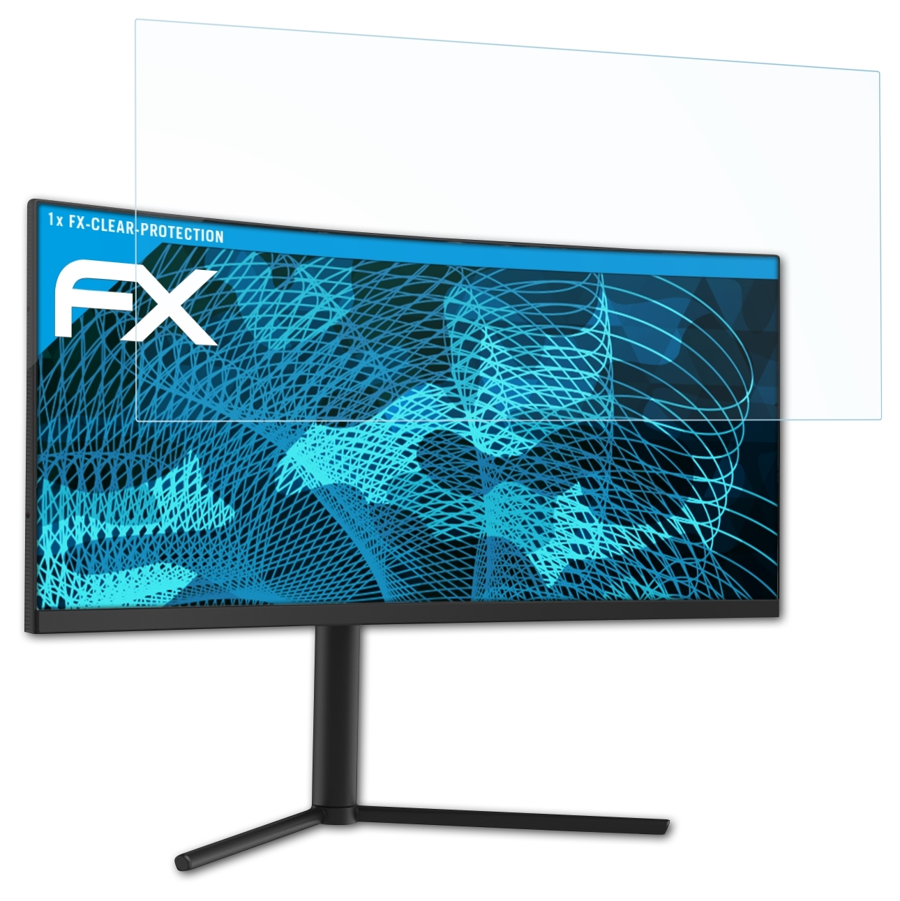 Ein gekrümmter Computermonitor mit angebrachter Displayschutzfolie. Der Schutz ist klar und transparent.