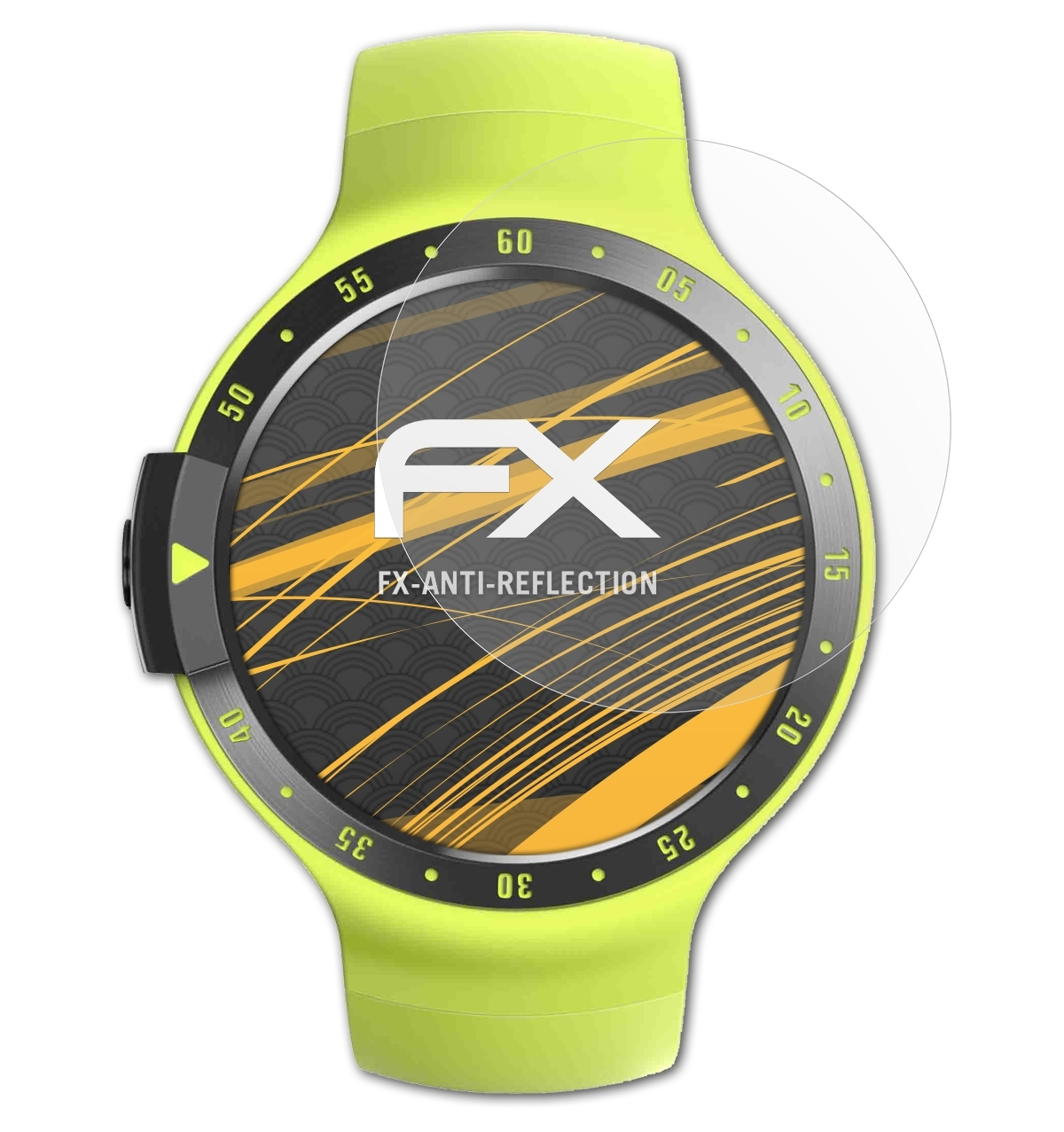 Eine gelbe Uhr mit schwarzem Rand und Displayschutzfolie. Der Bildschirm zeigt das FX-Logo.