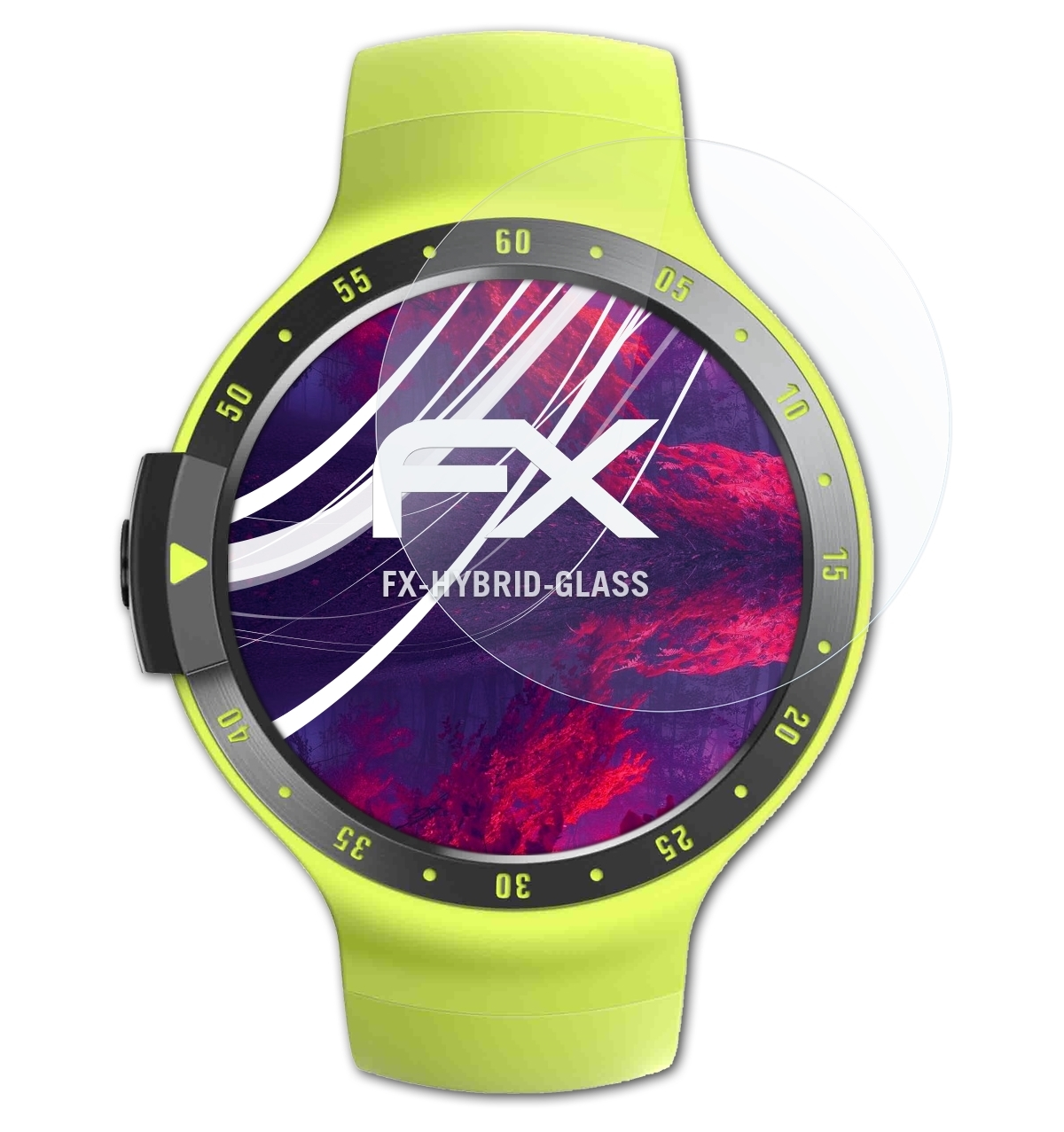 Eine gelbe Smartwatch mit Displayschutz, die Zeit und andere Metriken anzeigt. Das Display ist sichtbar.