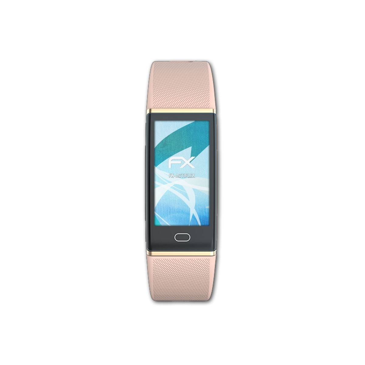 Rosafarbener Fitnesstracker mit Displayschutzfolie. Bildschirm zeigt FX-Logo und Text. Weißer Hintergrund.