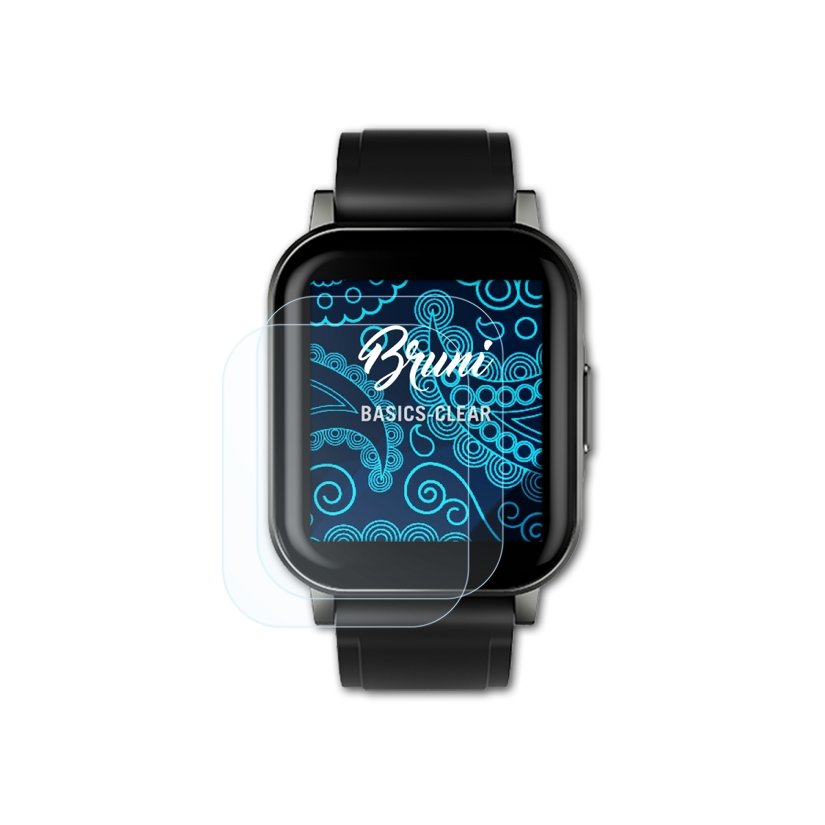 Smartwatch mit Displayschutzfolie, zeigt ein blaues Muster und den Namen Bruni.