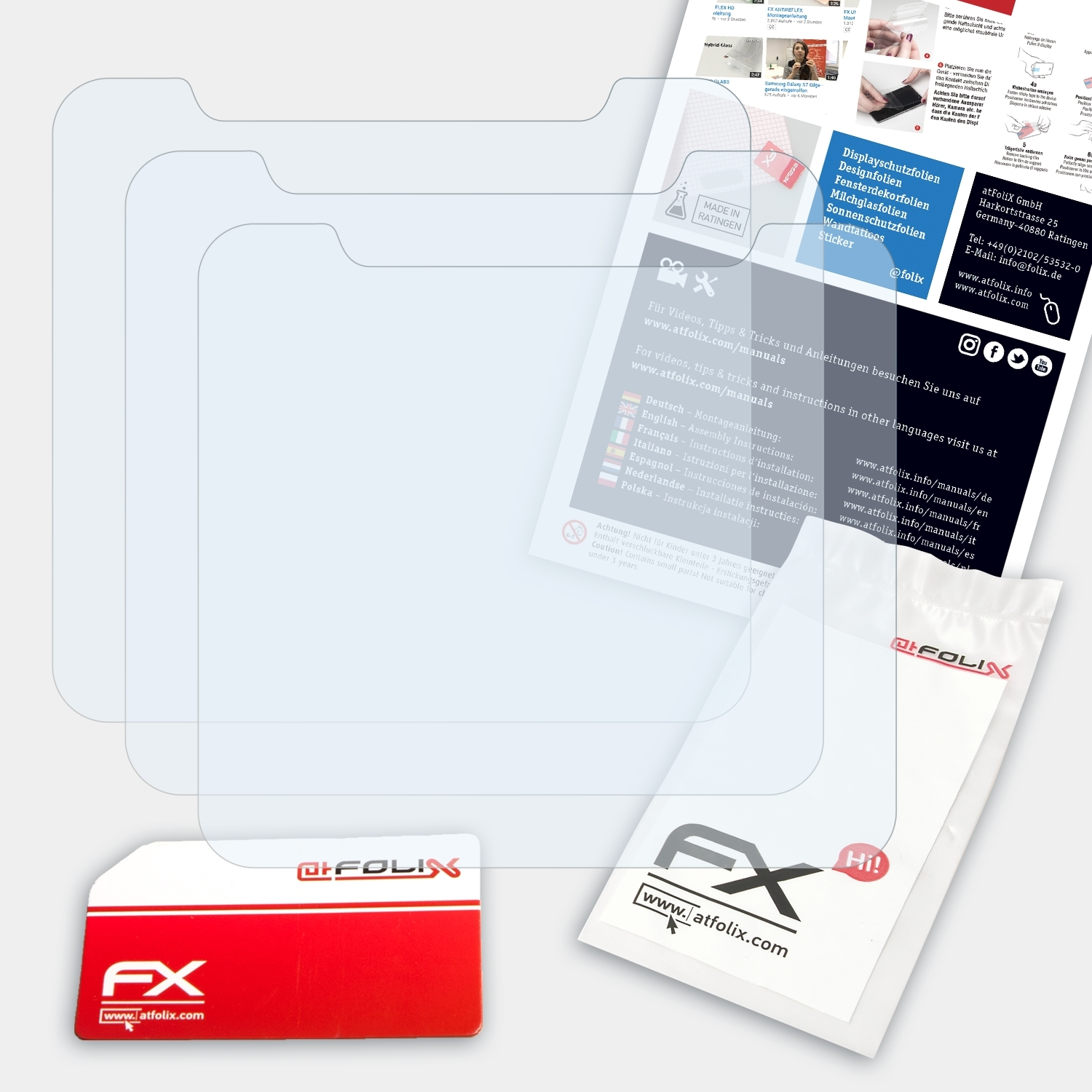 Displayschutz-Kit mit Anleitung und Karte. FX-Logo und Website sind prominent.