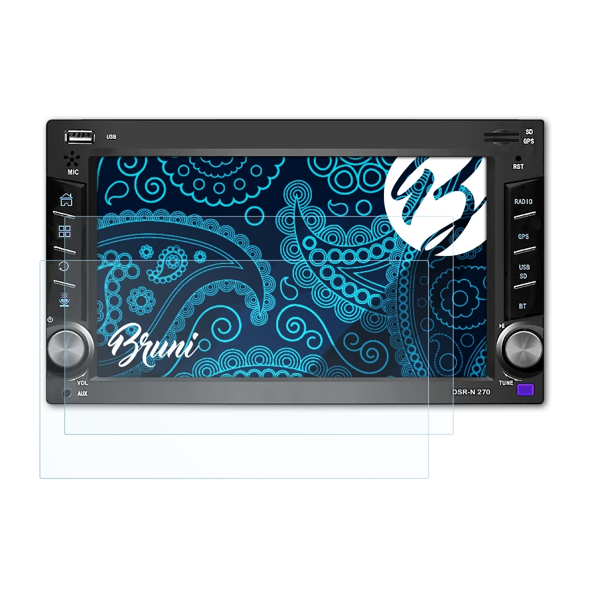 Autoradio mit Displayschutz. Schwarzes Display, blaues Design, weißes Bruni-Logo sichtbar.