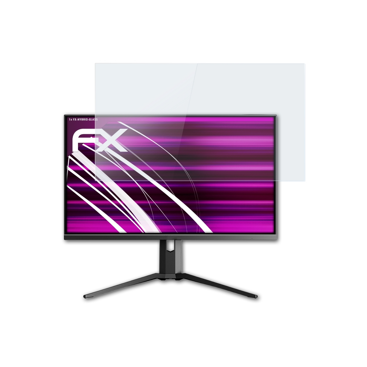 Computermonitor mit Displayschutz. Der Bildschirm zeigt eine rosa-lila Grafik.