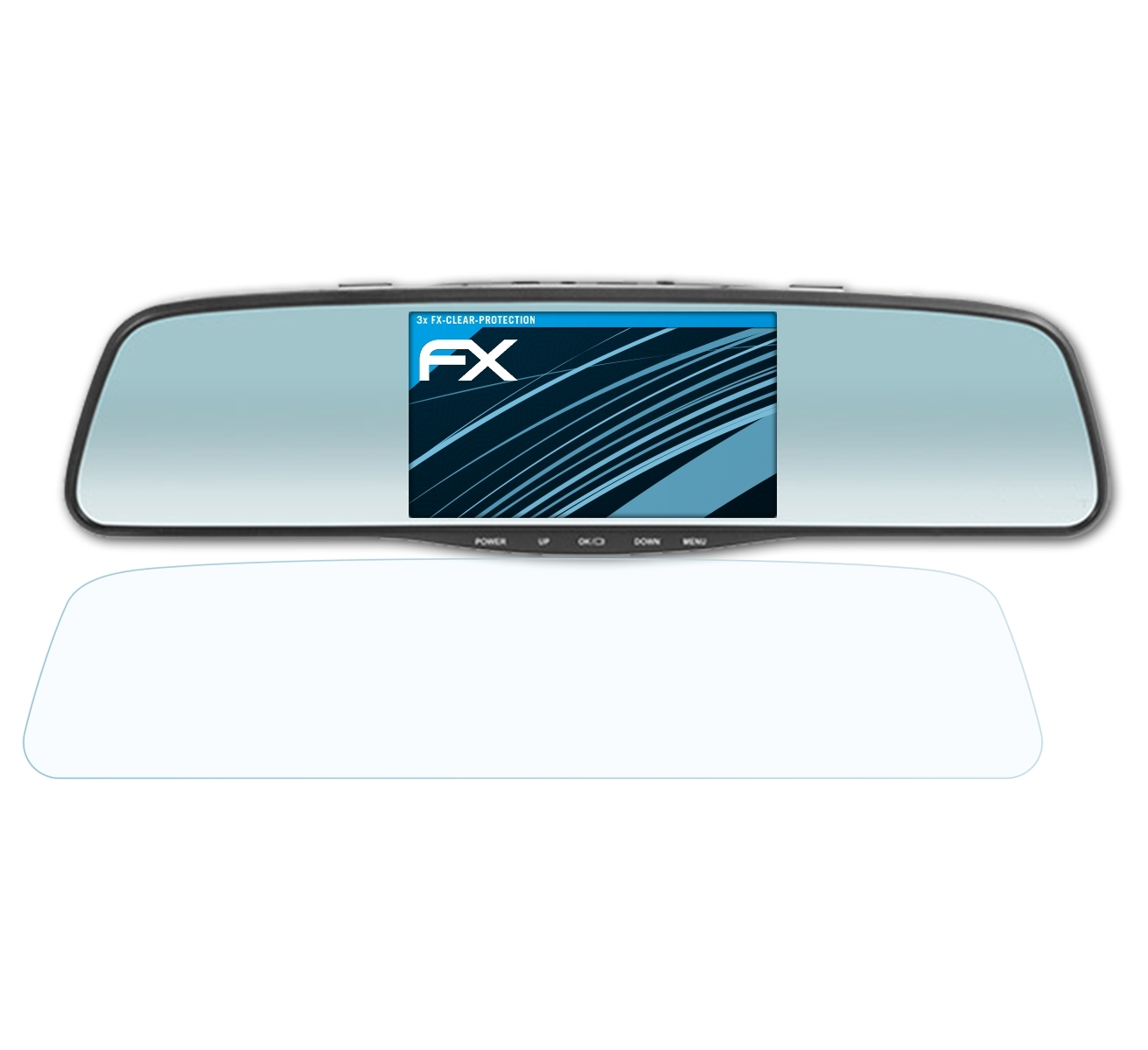Ein Autospiegel mit Displayschutz. Der Bildschirm zeigt blaue Linien und FX-Text.