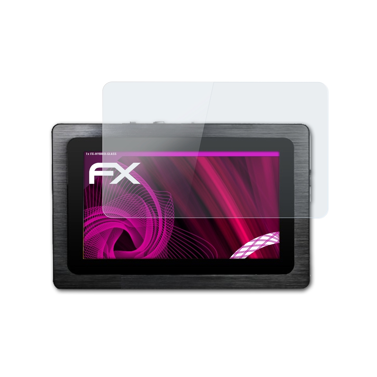 Tablet mit Displayschutzfolie. Schutzfolie ist klar. Tablet hat einen rosa und weißen Wirbelhintergrund.