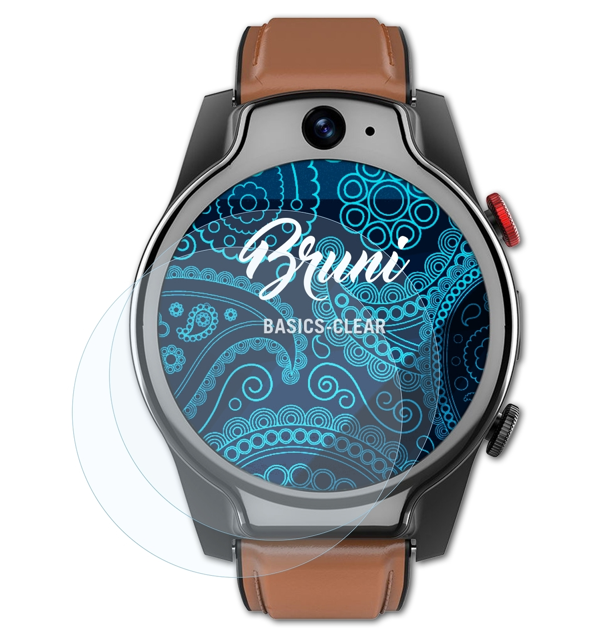 Smartwatch mit Displayschutzfolie. Der Bildschirm zeigt ein blaues Muster und Text.
