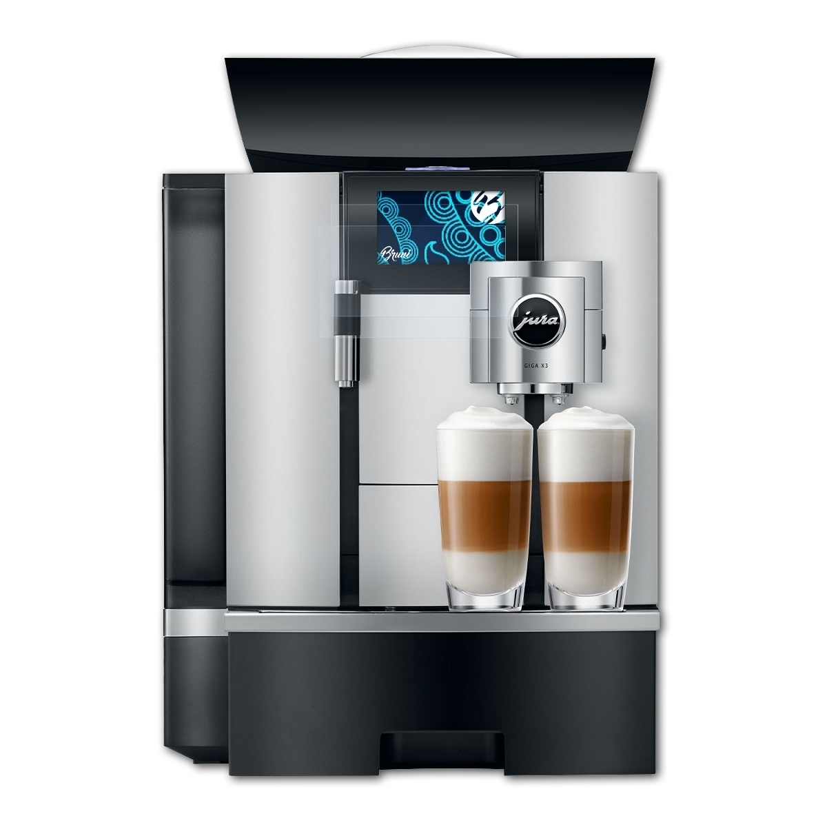 Espressomaschine mit zwei Gläsern geschichteten Kaffeegetränken. Silberne, schwarze und weiße Maschine.