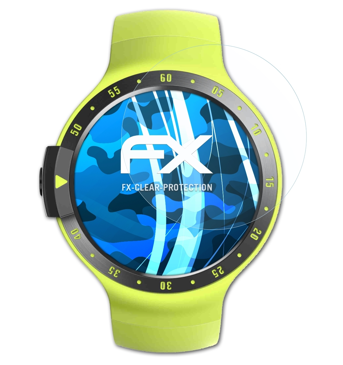 Gelbe Smartwatch mit Displayschutz. Der Bildschirm zeigt ein blaues Camouflage-Design und das FX-Logo.