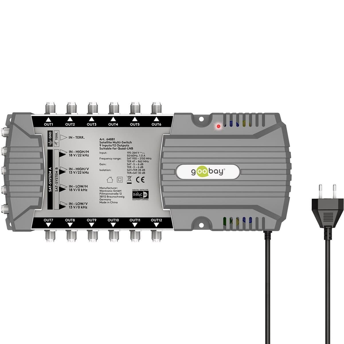 Multi-Switch-Gerät mit mehreren Anschlüssen und Netzstecker. Gerät ist grau mit Beschriftungen.